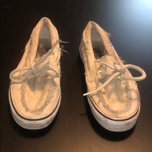 Tan Vans Boat Shoes with Laces, Fray Detail, Sz 6